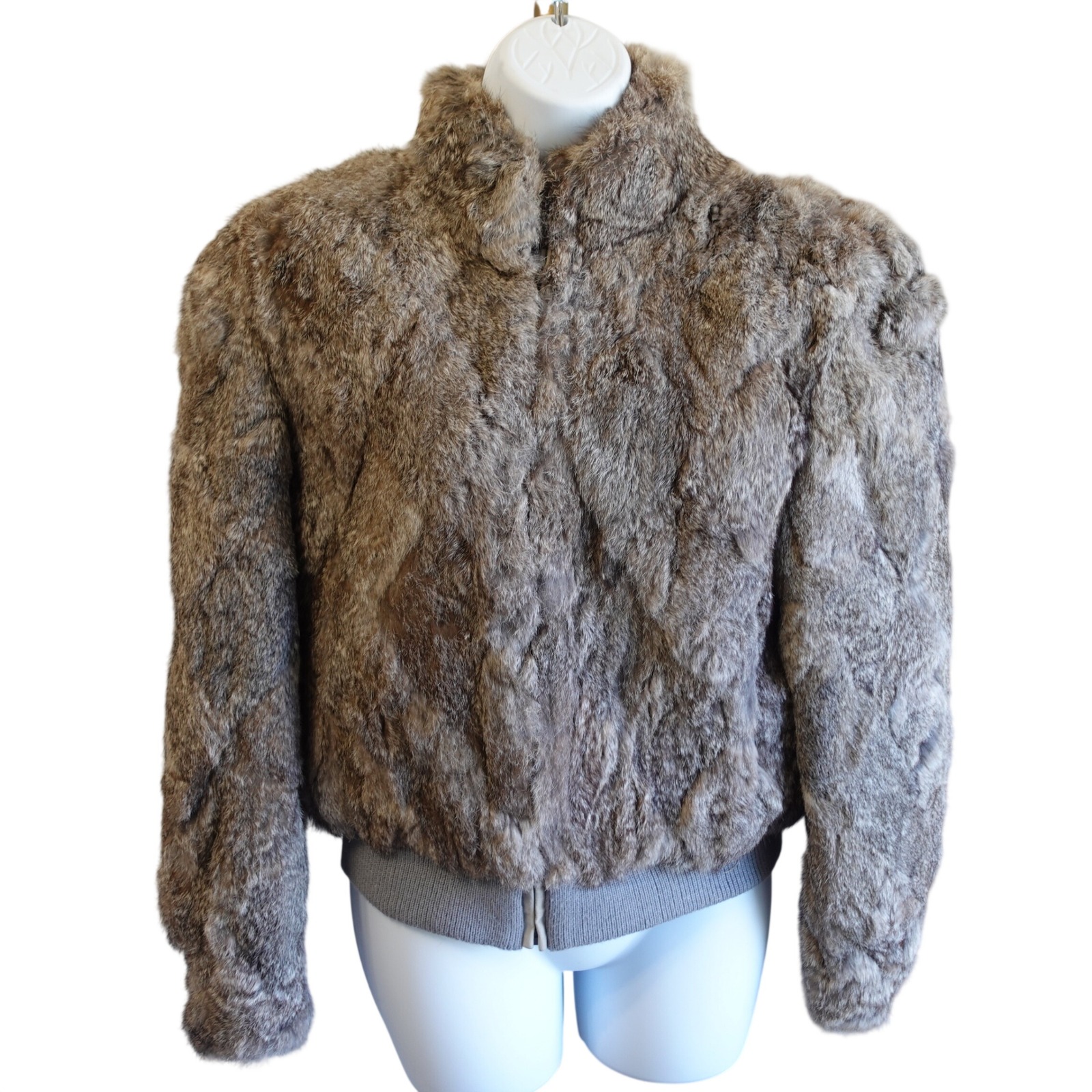 Vintage Genuine Rabbit Fur Bomber Jacket Gray Satin Lined Hong Kong 1970s Medium